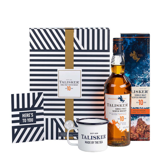 Talisker 10 Jahre Single Malt Scotch Whisky 70cl im hochwertigen Geschenkset mit Emaille Tasse & Grußkarte